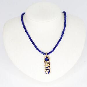 18K Yellow Gold Diamond Owl Pendant Lapis Lazuli Bead Necklace 18"